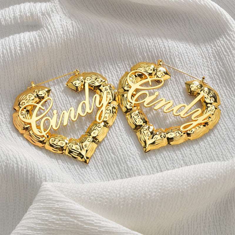 Custom Cursive Font Heart Bamboo Earrings