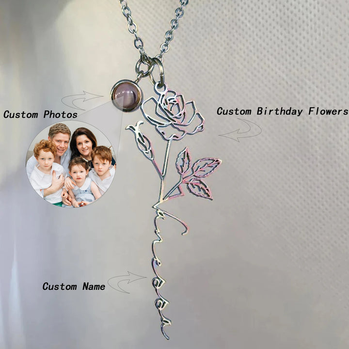 Personalized Birth Flower Projection Photo Necklace