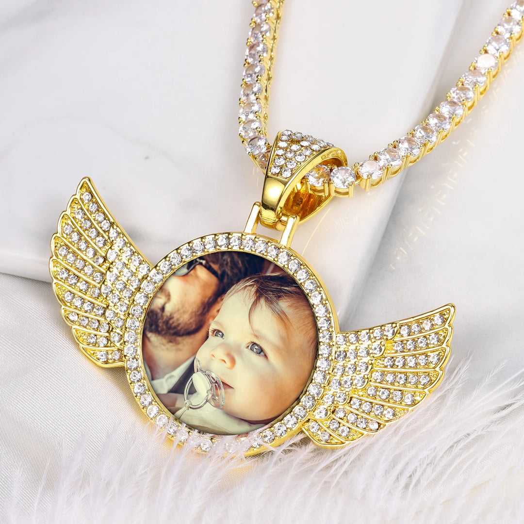 Diamond Studded Angel Wing Photo Necklace