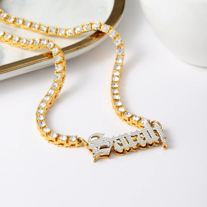 Old English Double Plated Name Necklace w/Tennis Chain - ClickNShopGoods