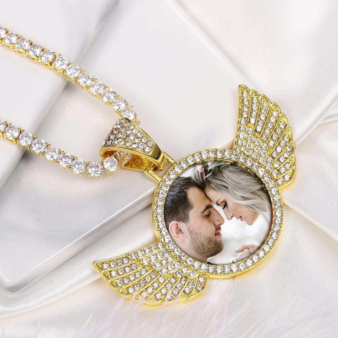 Diamond Studded Angel Wing Photo Necklace