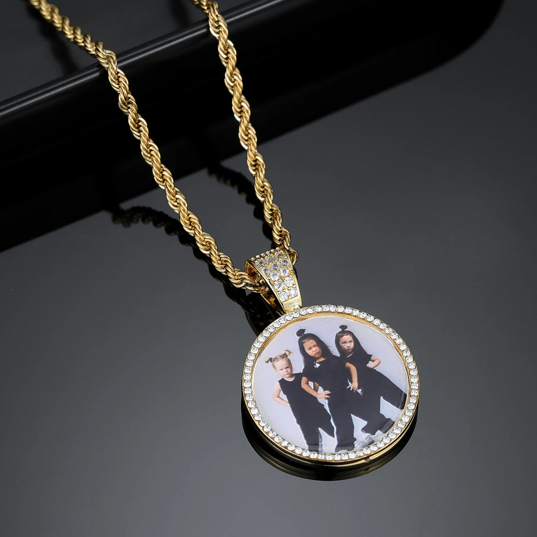 Custom Iced Circle Photo Pendant Necklace