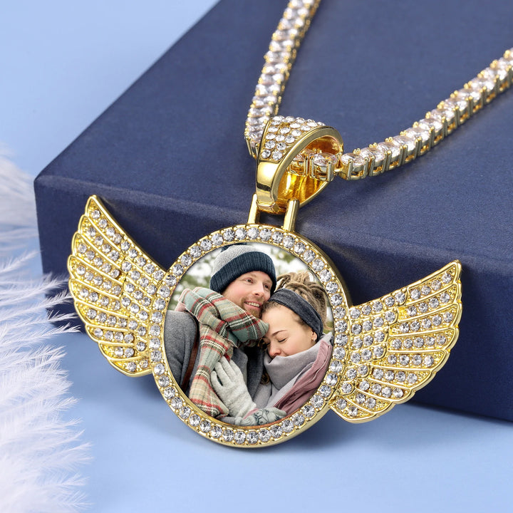 Diamond Studded Angel Wing Photo Necklace