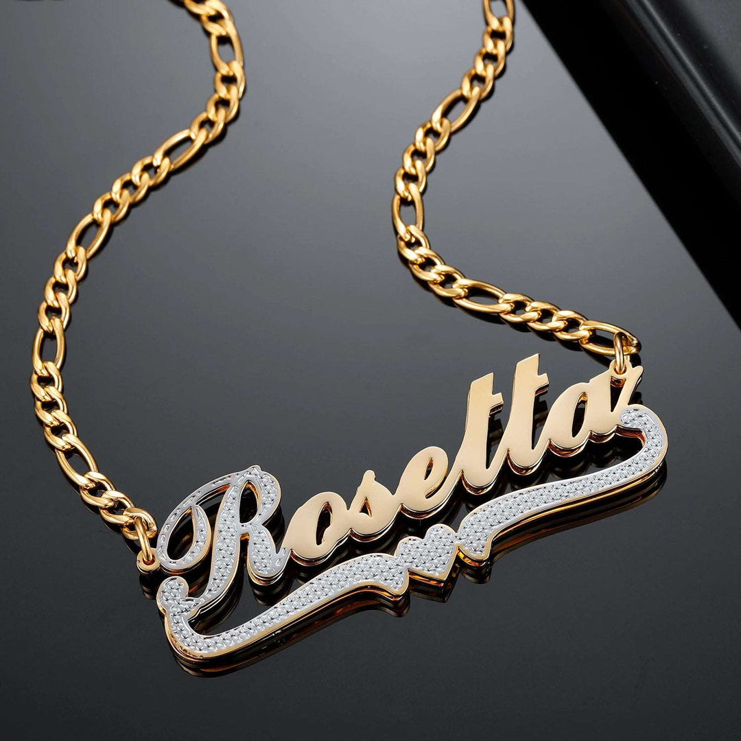 a gold necklace with the word rosetta on it