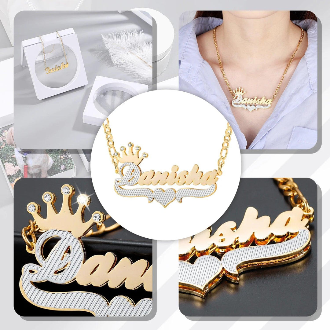 Double Plated Crown Two Tone Name Necklace w/ Diamonds - ClickNShopGoods