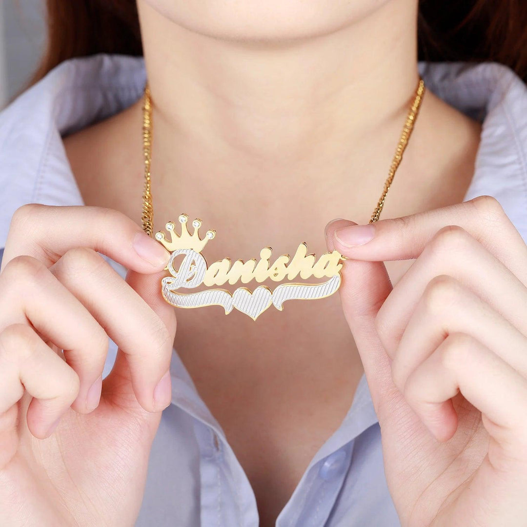 Double Plated Crown Two Tone Name Necklace w/ Diamonds - ClickNShopGoods