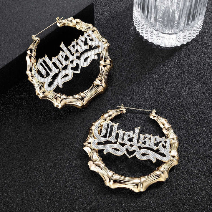 Heart Outline Bamboo Name Hoop Earrings