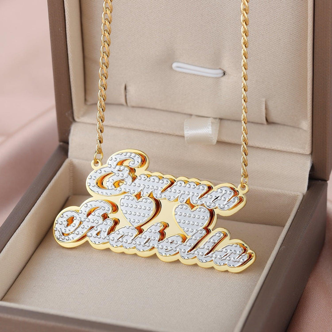 Double Hearts Two Tone Name Necklace w/ Double Names - ClickNShopGoods