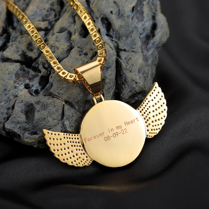 Diamond Studded Angel Wing Photo Necklace