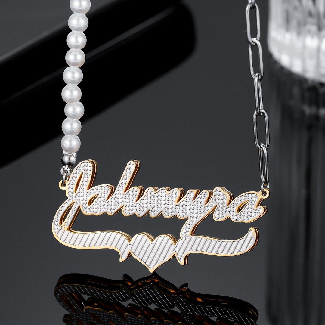 Double Plated Heart Name Necklace w/ Pearl Link Chain - ClickNShopGoods