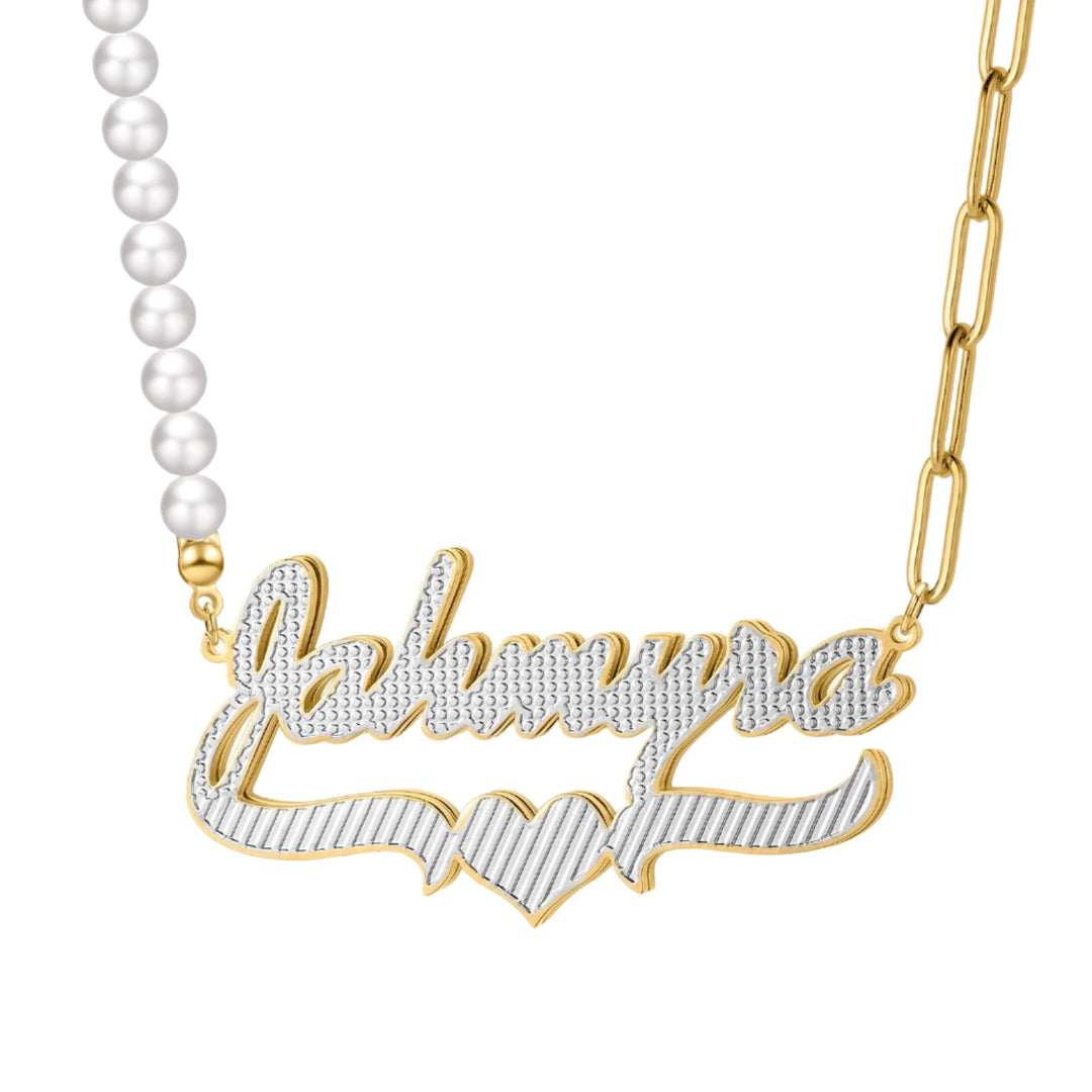 Double Plated Heart Name Necklace w/ Pearl Link Chain - ClickNShopGoods