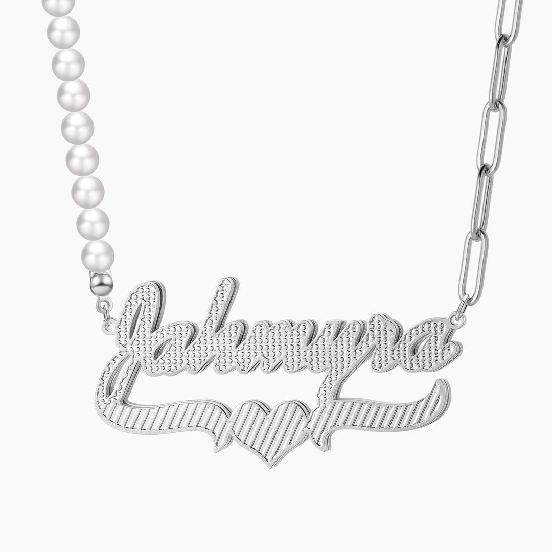 Double Plated Heart Name Necklace w/ Pearl Link Chain - ClickNShopGoods