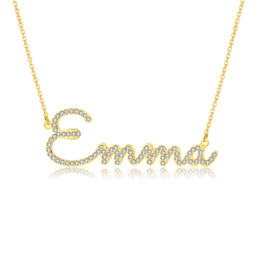 a gold necklace with a diamond name