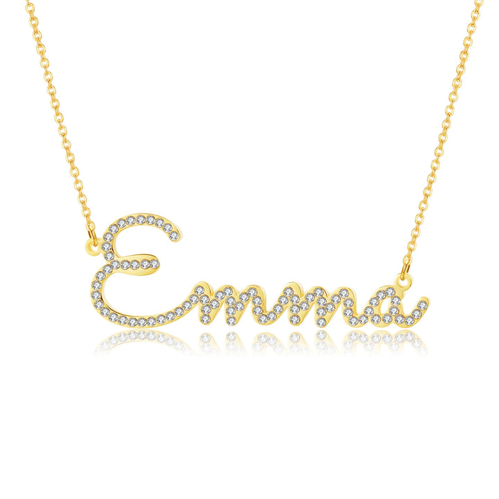 a gold necklace with a diamond name