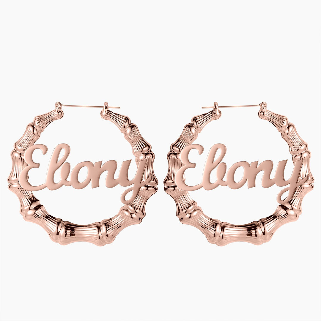 a pair of rose gold tone hoop earrings with the word'elany'in