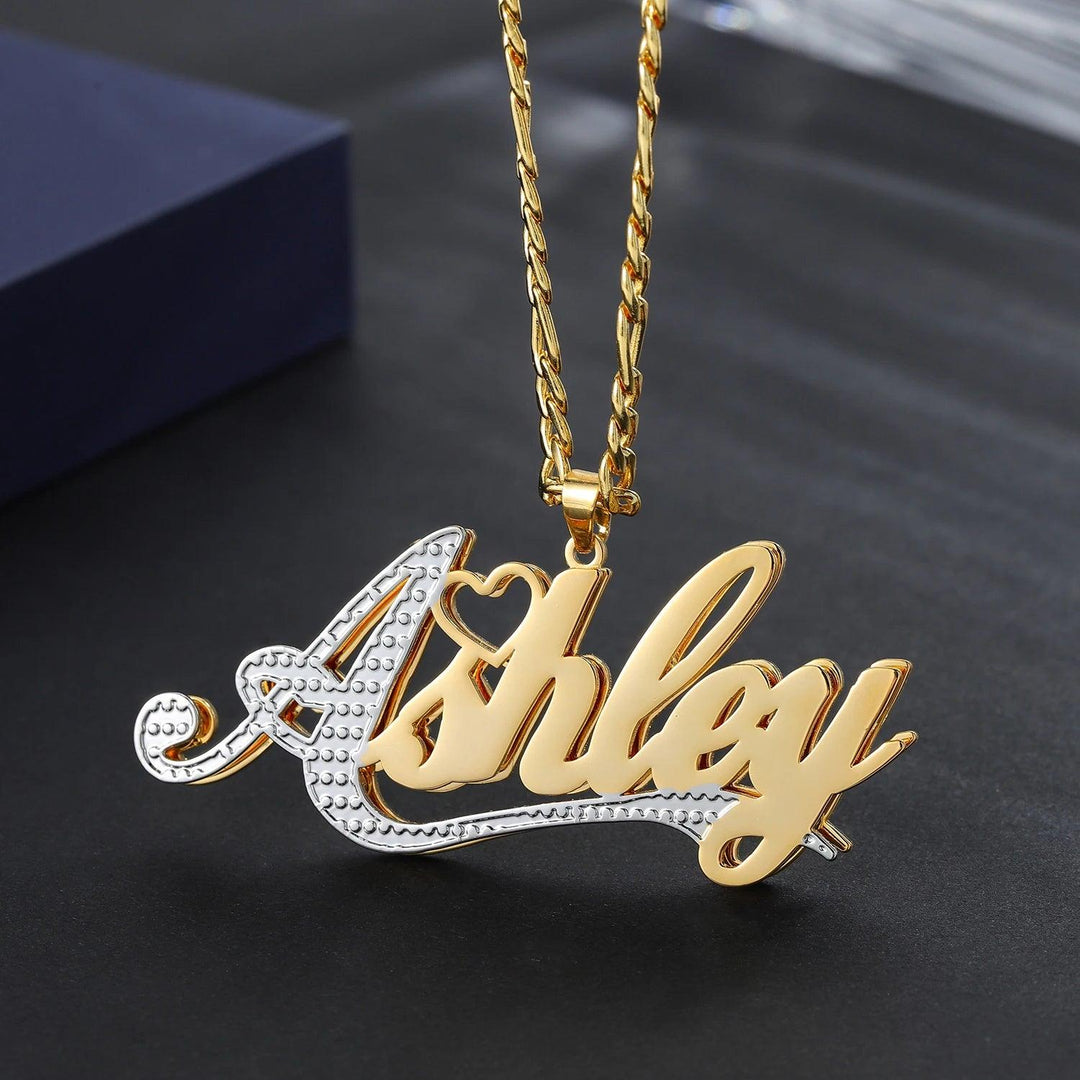 a gold necklace with the word aloy on it