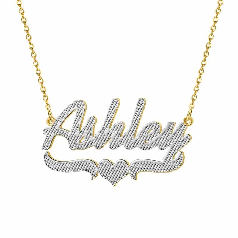 a gold necklace with the word alley on it