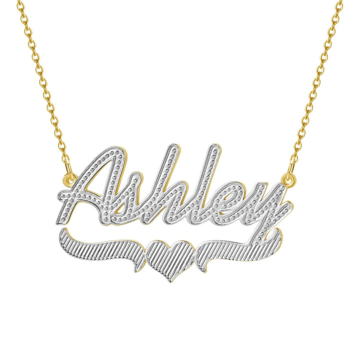 a gold and silver necklace with the word ashley on it