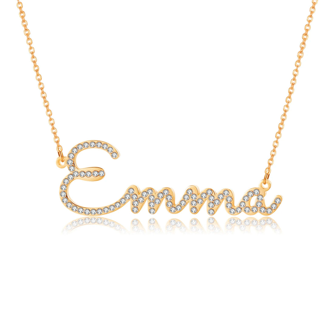 a gold necklace with a diamond name