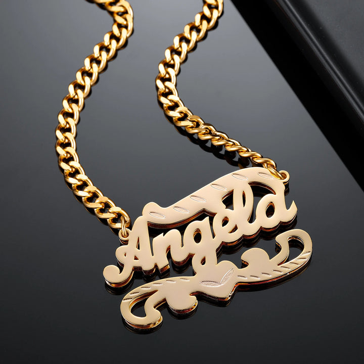 a gold necklace with the word angel on it